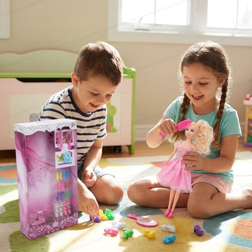 Image of SHAKTISM Doll Set for Girls with Makeup, Dress, Accessories, Comb and Mirror, Sandle Set Multicolor, 3 Years and Up (Sparkle Girl Doll)
