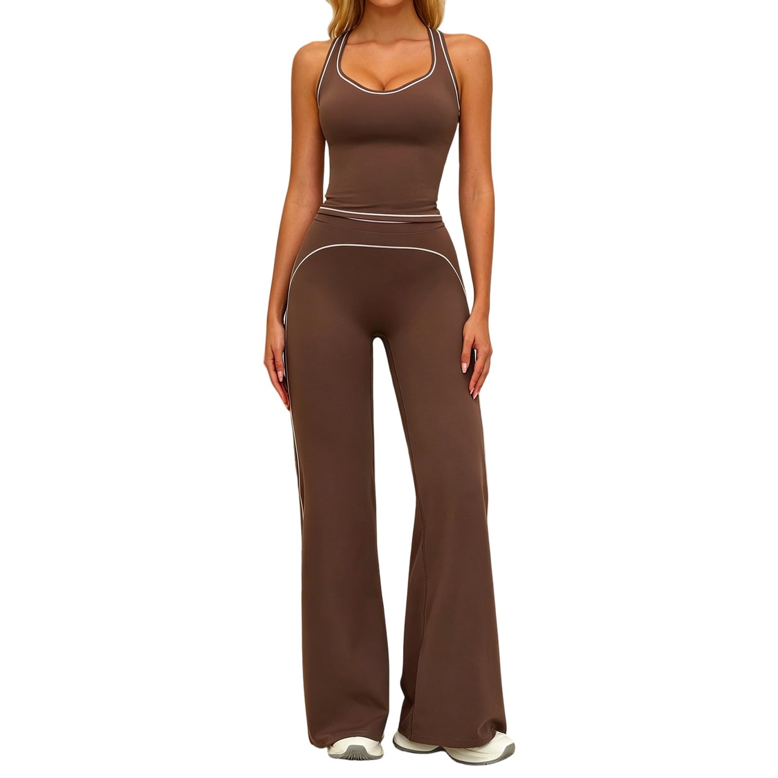 Tuta sportiva da donna in due pezzi, per fitness, spalline sottili, estiva, pilates, reggiseno imbottito, pantaloni da yoga, schiena scoperta, palestra, allenamento, set da 2 pezzi