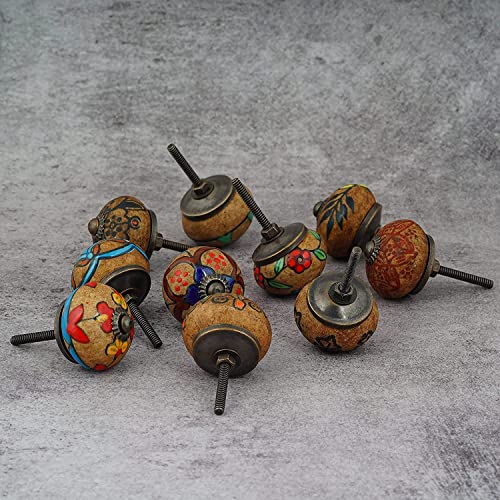 Image of Craft Trade Ceramic Wardrobe Knobs for Drawers Furniture Desk Wardrobe Kitchen Cabinet Dresser and Cupboard Vintage Assorted Decorative Knob - Pack of 12 Dusty Brown