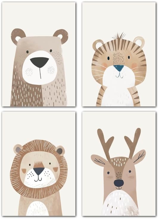 MYLILY Láminas Habitación Infantil Set 4, Animales, 21x30 cm, sin marco