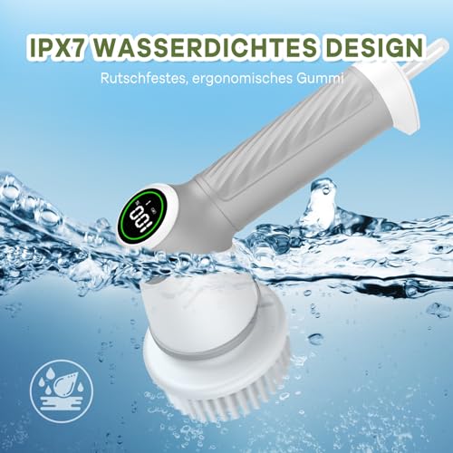 Elektrische Reinigungsbürste, Spin Scrubber für Bad, Schnurlose Reinigungsbürste mit 7 Reinigungsköpfen, 2 einstellbare Geschwindigkeiten, Druckerkennung, Led Anzeige Cleaningbrush für Tiefenreinigung