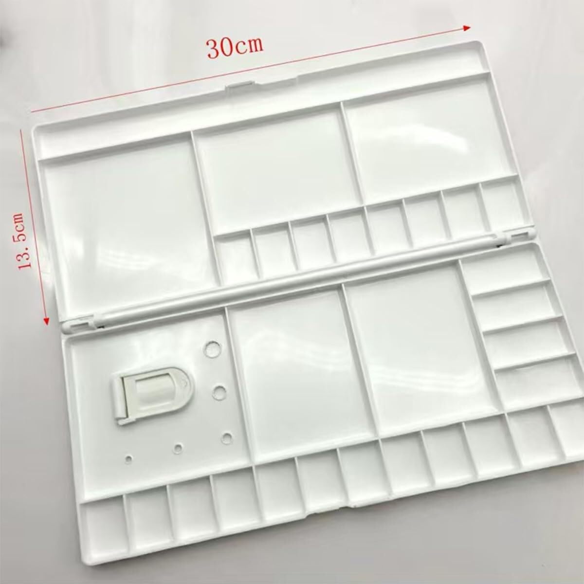 Farbmischpalette, Zusammenklappbare Aquarellpalette, 33 Comp, Weiß, 28 Vertiefungen, 5 Mischbereiche, Daumenloch-Pinselhalter