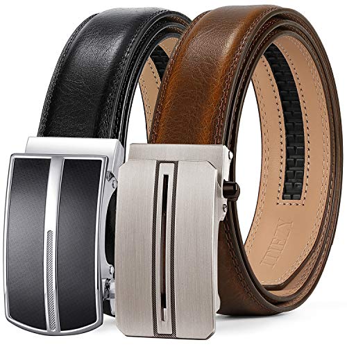 ITIEZY Leather Ratchet Dress Belt 2 Pack with Automatic Buckle Adjustable Click Sliding Belt for Men, Trim to Fit