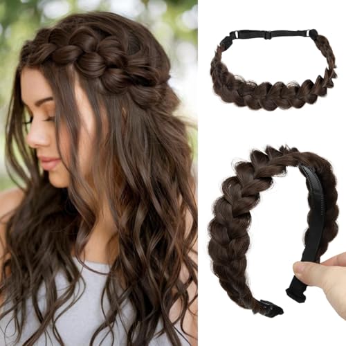 CJL HAIR 2PCs Braided Headbands Hair Piece for Women Synthetic Hair Hoops Head Bands Handmade Braid Hairband Accessories Elastic Stretch Headwrap Dark Chocolate