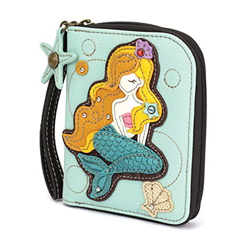 Image of CHALA Zip Around Wallet, Wristlet, 8 Credit Card Slots, Sturdy Pu Leather - Mermaid A - Blue