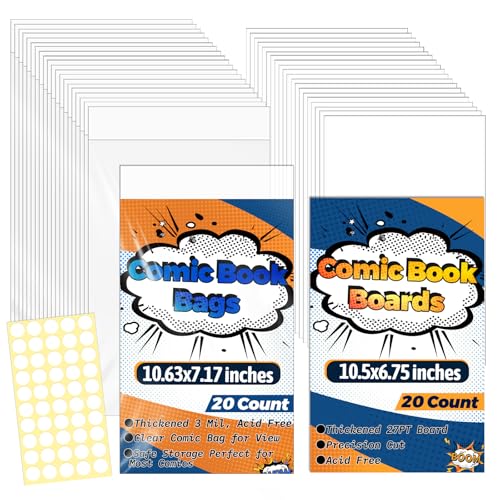 LOTMER 20 Sets Current Comic Book Bags and Boards 20 Acid-Free 27PT Comic Book Boards 20 Acid-Free Clear Protector Comic Book Sleeves for Collectors Regular Comics Archival