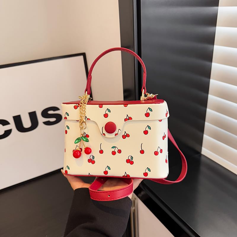 Women Casual Shoulder Bag Cherry Printed Trendy Crossbody Bag Contrast Color Cute Square Bag Travel Shopping Work Bag4