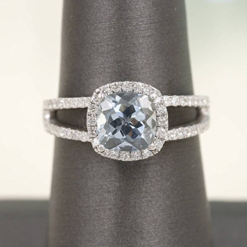 7mm Natural Cushion Aquamarine Bridal Ring/Aquamarine Engagement Ring/0.42 Ct. High Quality Diamonds 7mm Natural Cushion Aquamarine Bridal Ring/Aquamarine Engagement Ring/0.42 Ct. High Quality Diamonds