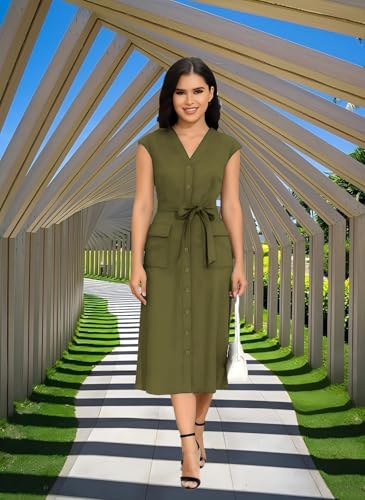 Image of DeftSharp Women's V Neck Workday Dresses Button Down Swing Midi Shirt Dress with Pockets