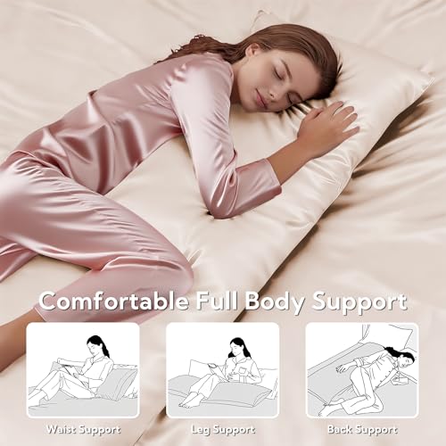Image of MR&HM Satin Body Pillow Cover, Soft and Breathable Body Pillow Case with Envelope Closure, Cooling and Silky Long Pillowcase for Hair and Skin,Grey (20x54, Beige)