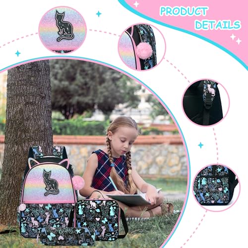 Image of Cute Cat School Backpacks for Girls Backpacks for School Black Bookbag with Lunch Box for Elementary Students Ages 6-8 Years Old