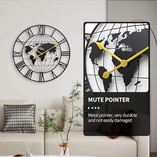 Image of Large World Map Wall Clock, Metal Minimalist Analog Modern Clock, Round Silent Non-Ticking Battery Operated Wall Clocks for Living Room / Home /Kitchen /Bedroom (24 Inch), Black
