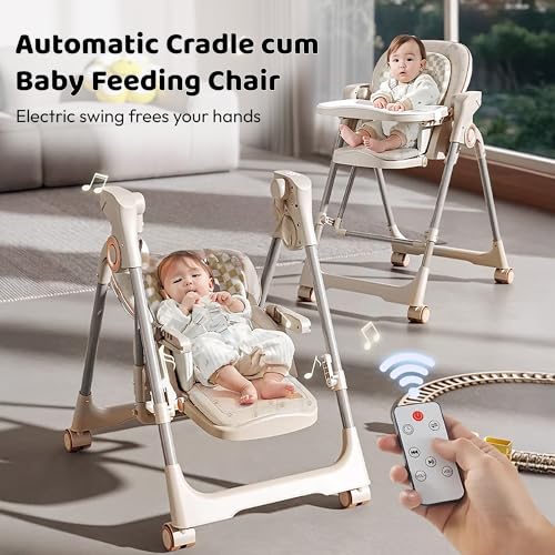 Image of StarAndDaisy 2-in-1 Baby High Chair for Boy & Girl with Automatic Swing Cradle, Foldable Feeding Chair, Removable Dining Tray, Adjustable Backrest & Footrest for Infants & Toddler-Beige