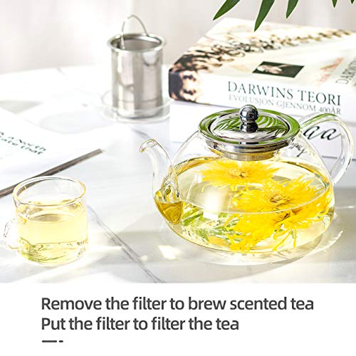 SULIVES Glass Teapot with Stainless Steel Infuser & Lid, Borosilicate Glass Flower Tea Kettle Stovetop Safe, Blooming & Loose Leaf Teapots, 34 oz / 1000 ml (800ML, Clear)