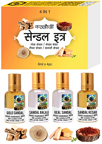 Image of Parag fragrances Unisex Natural, Pure & Long Lasting Liquid Sandalwood Scented Attar Gift Set (Sandal 4 In 1),6 Ml