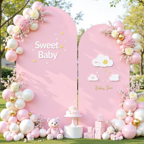 Image of Pale Pink Arch Cover 2 Set-7.2FT and 6FT Arch Backdrop Cover Spandex Fitted Wedding Arch Stand Covers for Baby Shower Girls Birthday Party Bridal Shower Wedding Banquet Photo Background Decorations
