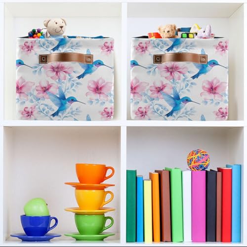 Image of Aslsiy Storage Basket Flower Pink Flowers and Hummingbirds-1 Nursery Bins Baby Canvas Box Clothes Shelf Basket Laundry Hampers 2 Pcs