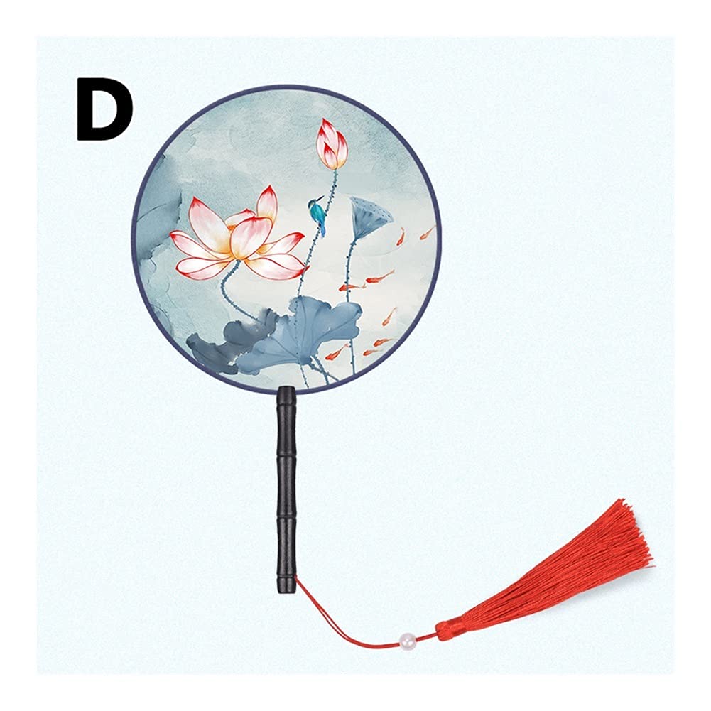 NZPOST Folding fan Chinese Japanese Style Hand Fan with Wooden Handle Portable Handheld Vintage Round Tassel Dance Fan Wedding Favors fan (D)