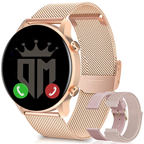 Smartwatch Damen Rund Rosegold Telefonfunktion - Android Damen Smartwatch mit Whatsapp Funktion und Sprachassistenzfunktion Smart Watch Lieferung mit 3 armbändern Silikon Nylon Metallarmband Cover