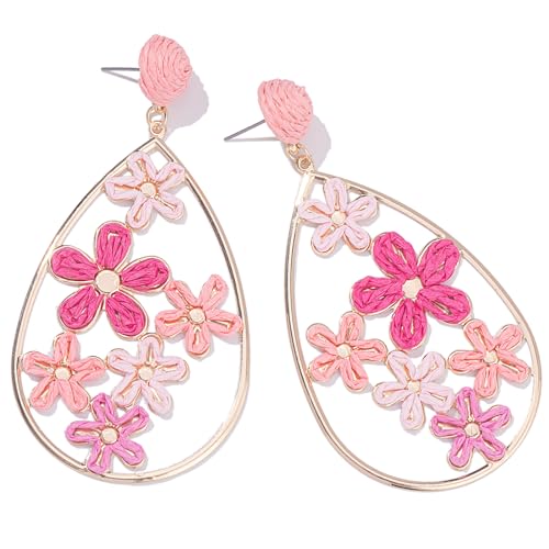 Flower Teardrop Earrings Boho Raffia Earrings Cute Floral Dangle Earrings Trendy Statement Jewelry for Women