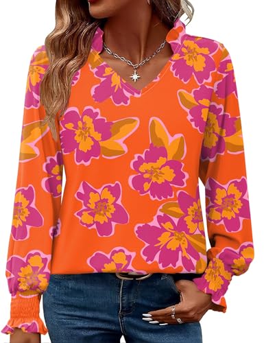Image of Kistore Orange Tops for Women UK Business Casual Flowers V Neck Long Ruffle Sleeve Blouses Fall Outfits XL