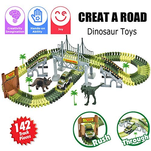 Dinosaur Train Set, Electric Cars Toy Set for Kids , 142 Piece Slot Car Race Dinosaur Tracks Set, Flexible Tracks Playset, 3 4 5 6 7 8 Year Old Boy Toys,Gift for Toddler, Kids