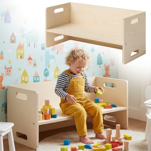 Bellabino Aki Kindersitzbank - 2in1 Kinderbank/Kindertisch aus Holz Natur - Montessori Wendebank für Kinderzimmer - multifunktionaler Kinderhocker mit 3 Sitzhöhen aus Birke - Hocker 80 x 35 x 35 cm