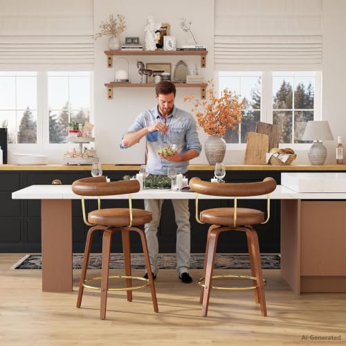 Image of Swivel Bar Stools Set of 2, 26 inch Counter Height Bar Chair, Barstools (Brown) | TYBOATLE, Mid-Century Modern, Faux Leather, Bent Wooden Legs, Golden Footrests, Island, Kitchen
