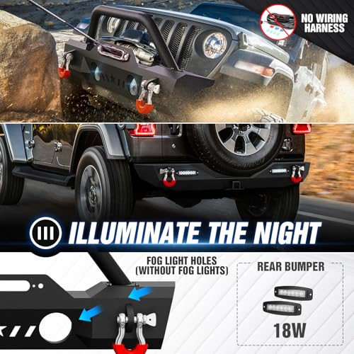 Image of for JL Front and Rear Bumpers Compatible with 2018 2019 2020 2021 2022 2023 2024 2025 2026 Jeep Wrangler JL JLU with Winch Plate, Bull Bar, Fog Lights Holes, LED Lights, Hitch Receiver, D-rings