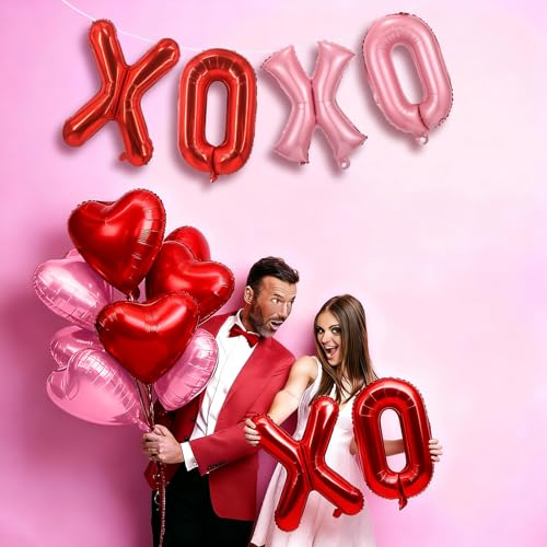 Image of Red XOXO Heart Balloons 6 Pcs Valentines Day Balloons Red Pink Gold Heart Shaped Balloon XOXO Balloon Letters for Girls Women Anniversary Sweet Valentine Day Romantic Decor Special Night Party