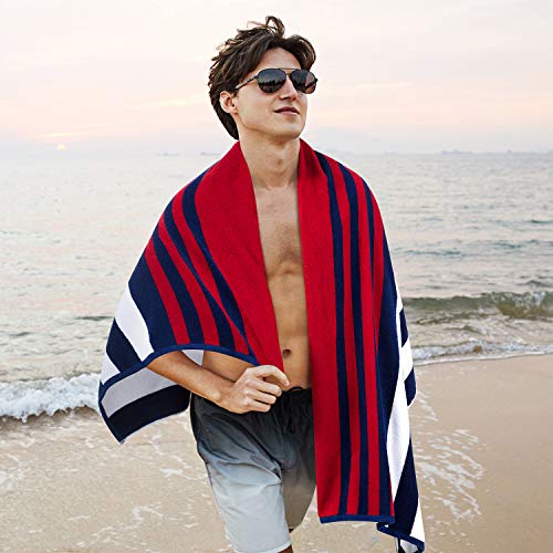 Growell Fluffy Oversized Beach Towels - Cotton 70 x 35 Inch Cotton Velour Striped Pool Towels, Plush Red Large Summer Cabana Towels - Thumbnail 5