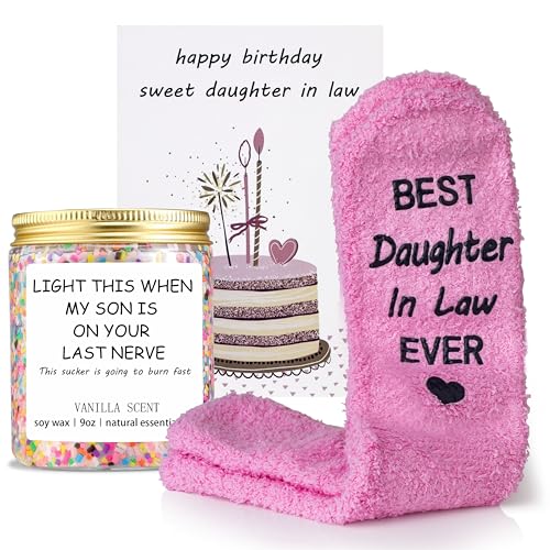 Daughter in Law Gift Baskets - Funny Daughter in Law Wedding, Mothers Day, Christmas Gifts - Birthday Candle, Card, Sock Gifts for Sons Girlfriend from Dad Mom