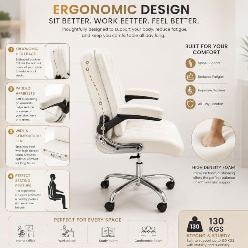 Image of Furnitures Flip Executive Office Chair with Flippable Pillow | Ergonomic Leatherette Computer Chair | Height Adjustable Revolving Chair with Chrome Base |, White