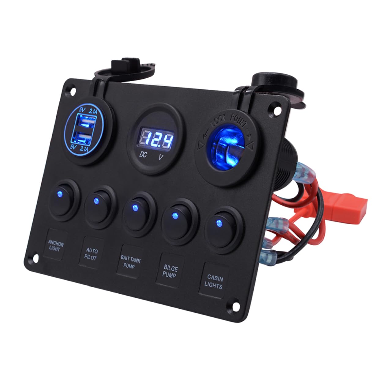 GRIRIW 12-24v 5 Gang Waterproof Combination Panel Boat Rv Rocker Panel Led Light Lighter Socket Dual USB Charger Voltmeter