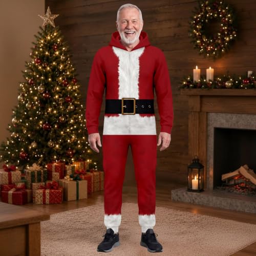 Ugly Christmas Theme Onesie Men 3D Santa Graphic Zip Up Hooded Jumpsuit - image 2
