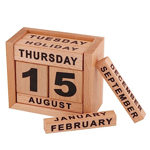 Image of STAR CRAFT Wooden Calendar Desk Calendar No End Date Natural Wood Perpetual Calendar