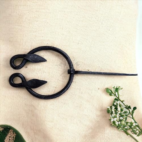 Image of Viking Traders Vintage Brooch Black Iron Hand-Forged Double Leaf Brooch Medieval Viking Costume Accessory Viking Knotted Fibula Cloak Pin - Black