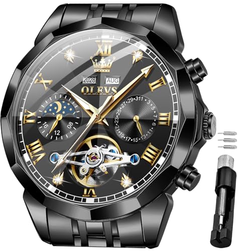 Image of OLEVS Men Automatic Watch Diamond Skeleton Mechanical Luxury Self Winding Moon Phase Calendar Waterproof Wrist Watch for Men