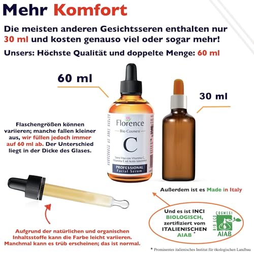 60ml Bio Hyaluron Serum mit Vitamin C, E. Hochkonzentriert Anti-Falten, Anti-Aging & Dunkle-Flecken. Hyaluronsäure-Gesichtsserum, Ideal als Augenkonturcreme. Dermaroller Essence. Vegane Naturkosmetik