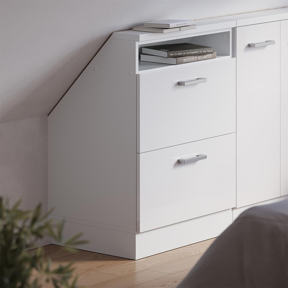 Vicco Szafa skosna Rion, Biały wysoki połysk/Biały, S60 x G46 cm z 2 szufladami, oszczędność miejsca pod skosami