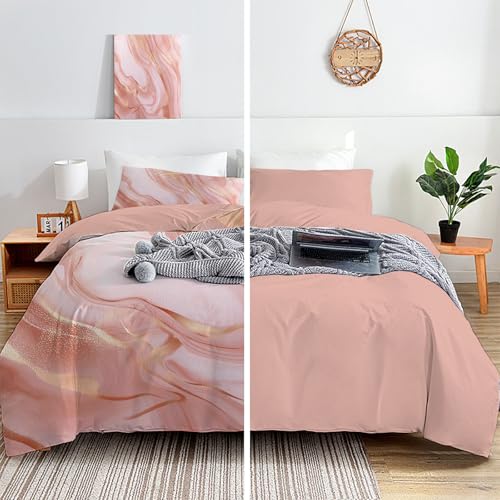 Housse de couette 140x200 anti-plis en microfibre douce parure lit marbre rose