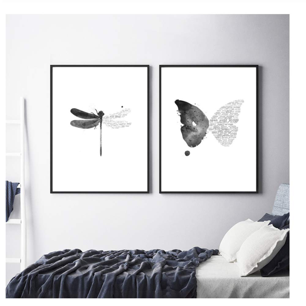 Cuadro en Lienzo Estilo nórdico Arte de la Pared Cartel de la Mariposa libélula Marco Blanco y Negro Decoraciones Imagen para la Sala 60x90cm (23.6 "x35.4) x2 con Marco