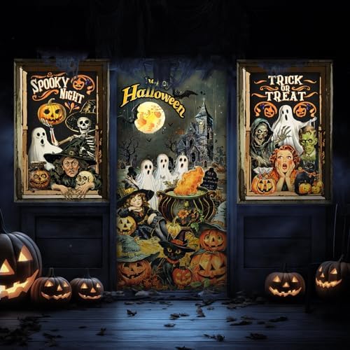 Tioncy 3 Pcs Halloween Window Door Covers Decorations Set Halloween Window Curtains Spooky Night Trick or Treat Skull Pumpkin Ghost Castle Pattern Banner Porch Indoor Outdoor Decoration