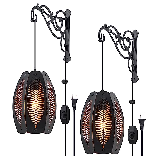 Image of Farmhouse Plug in Wall Lantern Sconces Set of Two,Black Rusti Wall Hanging Lamps Plug in for Bedrooms,Boho Dimmable Haing Wall Mounted Lights for Bedside Bedroom Living Room