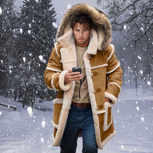 Men Shearling Coats with Hood Faux Suede Sherpa Lined Sheepskin Jackets Warm Winter Faux Leather Long Trench Coat2