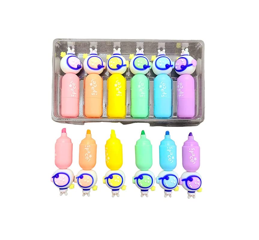 Image of YBN Pack Of 6 Space Astronaut Head Shaped Mini Neon Highlighter Marker Pens For Boys School College Students Chisel Tip Gift Set Space Party Favors, Multi-Coloured