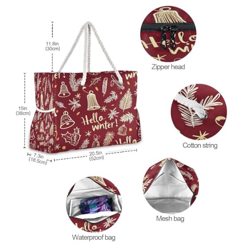 Large Beach Bags Totes Canvas Tote Shoulder Bag Red Christmas Elements Water Resistant Bags for Gym Travel Daily4