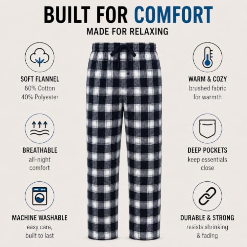 Image of Essential Elements Mens 3 Pack PJ Cotton Flannel Plaid Pajama Lounge Pants | Soft Brushed Warmth With an Elastic Waist, Classic Patterns for Cozy Sleep, Relaxing and Everyday Wear