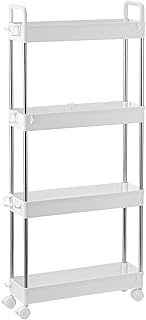 4-Tier Slim Storage Trolley Slide Out Rolling Utility Shelf Rack Storage Cart on Wheels Mobile Shelving Space Organizer for Kitchen/Bathroom/Laundry Room/Office,Plastic & Stainless Steel (White S)