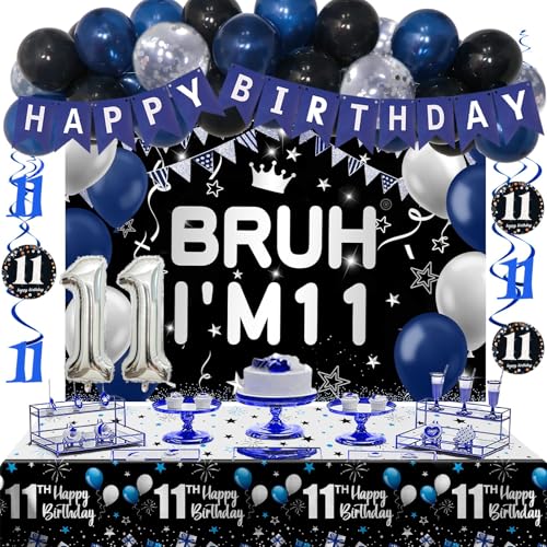 11th birthday decorations BRUH Im 11 Backdrop Happy 11th Birthday Banner Tablecloth 11th Birthday Balloons Birthday Decorations Hanging Swirls for 11 Years Old Birthday Party Supplies